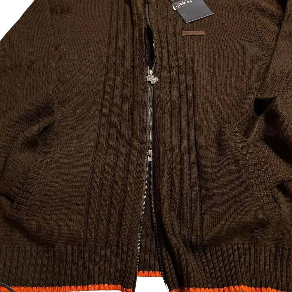 Y2K Southpole Ribbed Full Zip Mock Neck Sweater Cardigan Brown Orange Trim XL